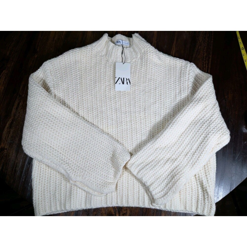Zara Ecru Chunky Ribbed Knit Crewneck Sweater New With Tags